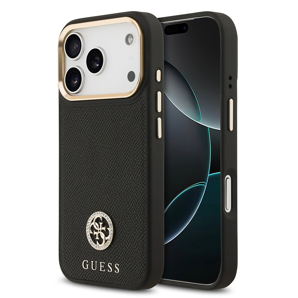 iPhone 17 Pro Kılıf Guess Orjinal Lisanslı M-safe Şarj Özellikli Grained Yazı ve Taşlı 4G Logolu Kapak
