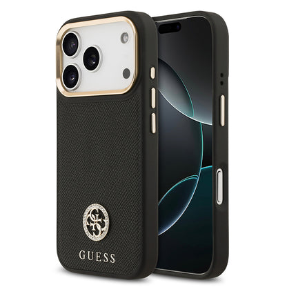 iPhone 17 Pro Kılıf Guess Orjinal Lisanslı M-safe Şarj Özellikli Grained Yazı ve Taşlı 4G Logolu Kapak