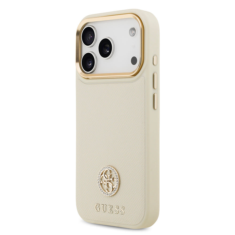 iPhone 17 Pro Kılıf Guess Orjinal Lisanslı M-safe Şarj Özellikli Grained Yazı ve Taşlı 4G Logolu Kapak