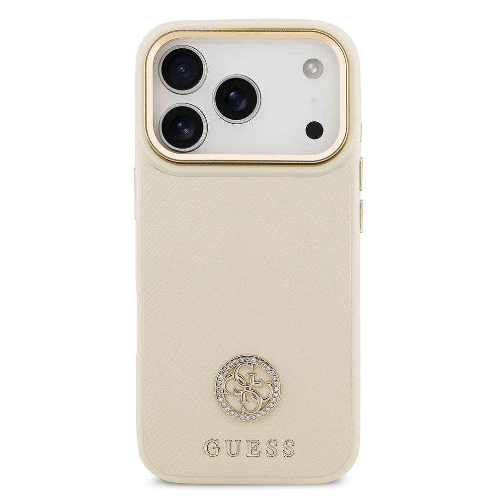 iPhone 17 Pro Kılıf Guess Orjinal Lisanslı M-safe Şarj Özellikli Grained Yazı ve Taşlı 4G Logolu Kapak