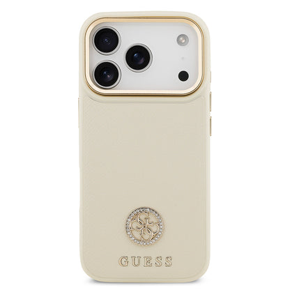iPhone 17 Pro Kılıf Guess Orjinal Lisanslı M-safe Şarj Özellikli Grained Yazı ve Taşlı 4G Logolu Kapak