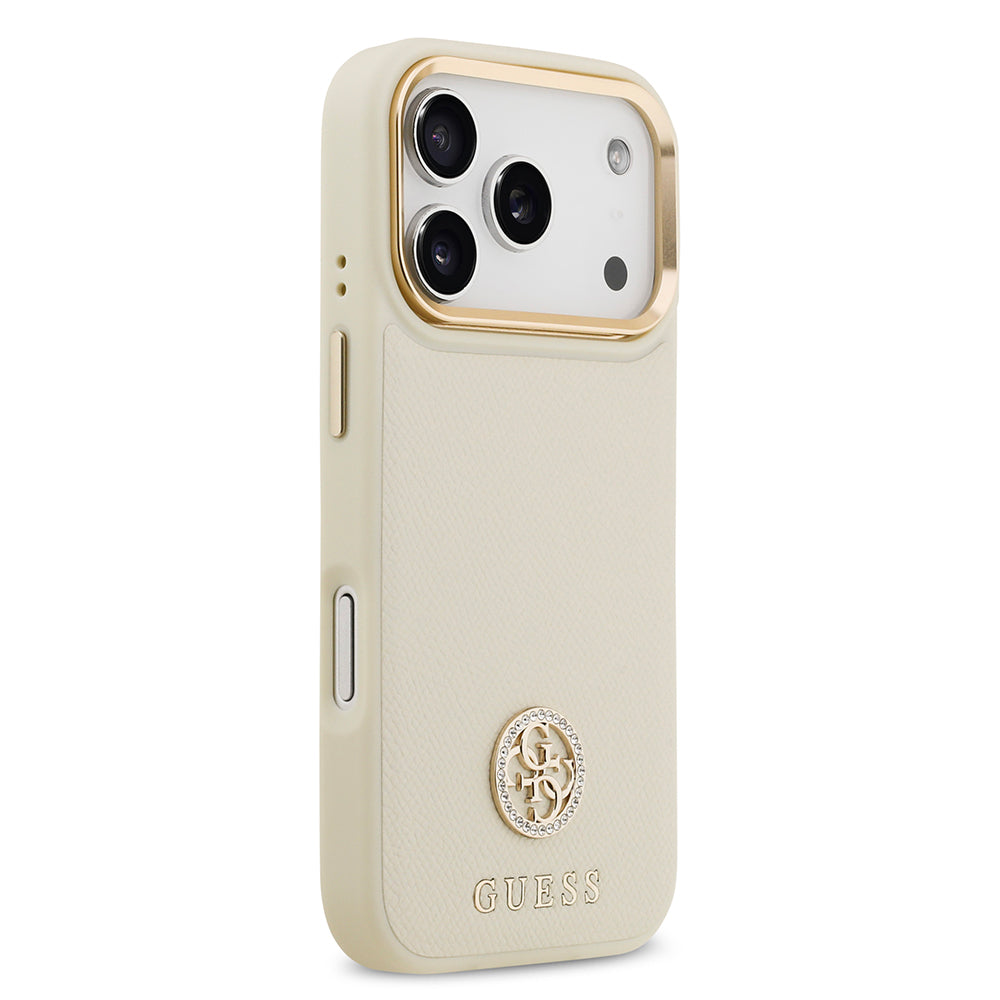 iPhone 17 Pro Kılıf Guess Orjinal Lisanslı M-safe Şarj Özellikli Grained Yazı ve Taşlı 4G Logolu Kapak