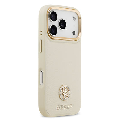 iPhone 17 Pro Kılıf Guess Orjinal Lisanslı M-safe Şarj Özellikli Grained Yazı ve Taşlı 4G Logolu Kapak