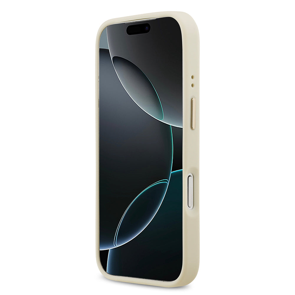 iPhone 17 Pro Kılıf Guess Orjinal Lisanslı M-safe Şarj Özellikli Grained Yazı ve Taşlı 4G Logolu Kapak