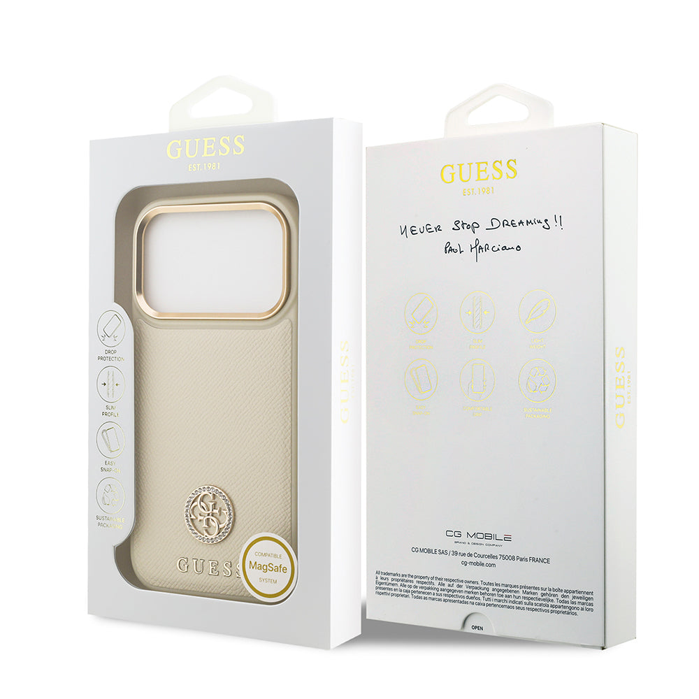 iPhone 17 Pro Kılıf Guess Orjinal Lisanslı M-safe Şarj Özellikli Grained Yazı ve Taşlı 4G Logolu Kapak