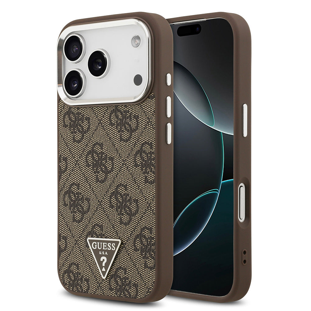 iPhone 17 Pro Kılıf Guess Orjinal Lisanslı M-safe Şarj Özellikli Gümüş Metal Kamera Çerçeveli Üçgen Logo 4G Desenli Kapak