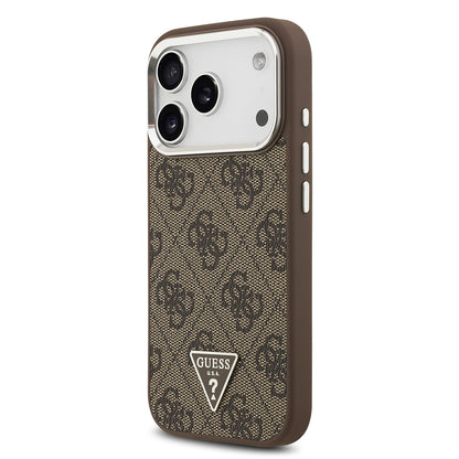 iPhone 17 Pro Kılıf Guess Orjinal Lisanslı M-safe Şarj Özellikli Gümüş Metal Kamera Çerçeveli Üçgen Logo 4G Desenli Kapak