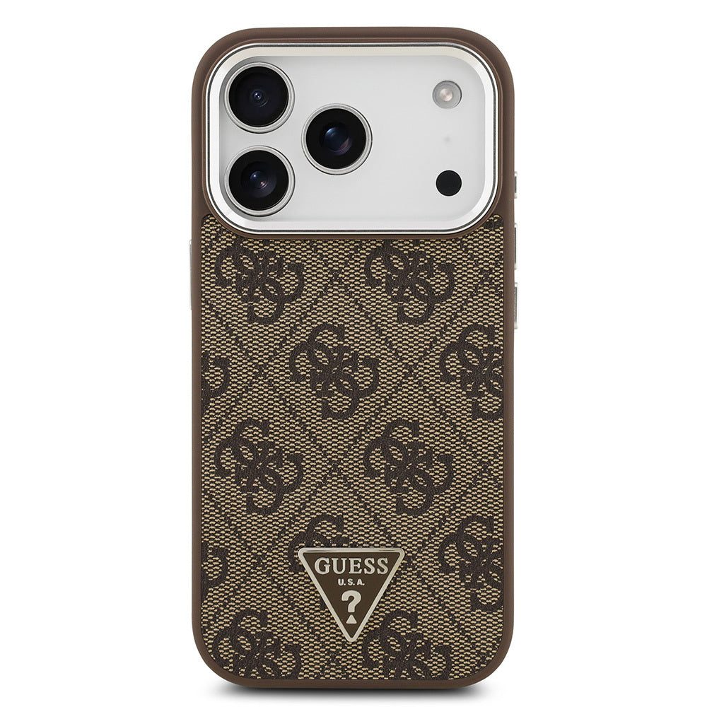 iPhone 17 Pro Kılıf Guess Orjinal Lisanslı M-safe Şarj Özellikli Gümüş Metal Kamera Çerçeveli Üçgen Logo 4G Desenli Kapak