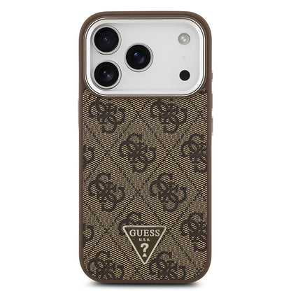 iPhone 17 Pro Kılıf Guess Orjinal Lisanslı M-safe Şarj Özellikli Gümüş Metal Kamera Çerçeveli Üçgen Logo 4G Desenli Kapak