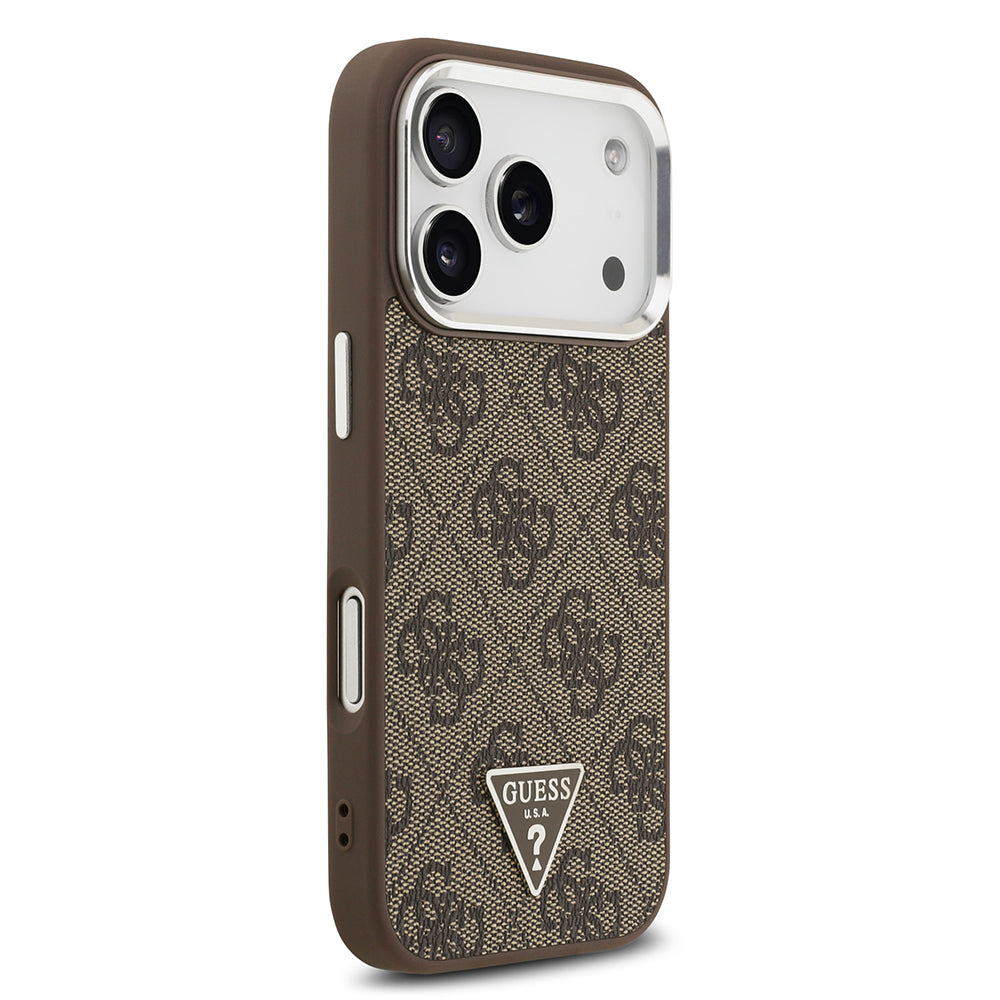 iPhone 17 Pro Kılıf Guess Orjinal Lisanslı M-safe Şarj Özellikli Gümüş Metal Kamera Çerçeveli Üçgen Logo 4G Desenli Kapak