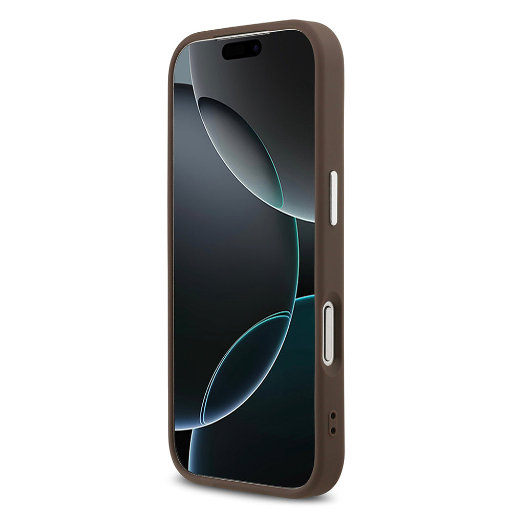 iPhone 17 Pro Kılıf Guess Orjinal Lisanslı M-safe Şarj Özellikli Gümüş Metal Kamera Çerçeveli Üçgen Logo 4G Desenli Kapak