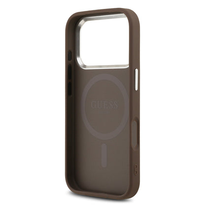 iPhone 17 Pro Kılıf Guess Orjinal Lisanslı M-safe Şarj Özellikli Gümüş Metal Kamera Çerçeveli Üçgen Logo 4G Desenli Kapak