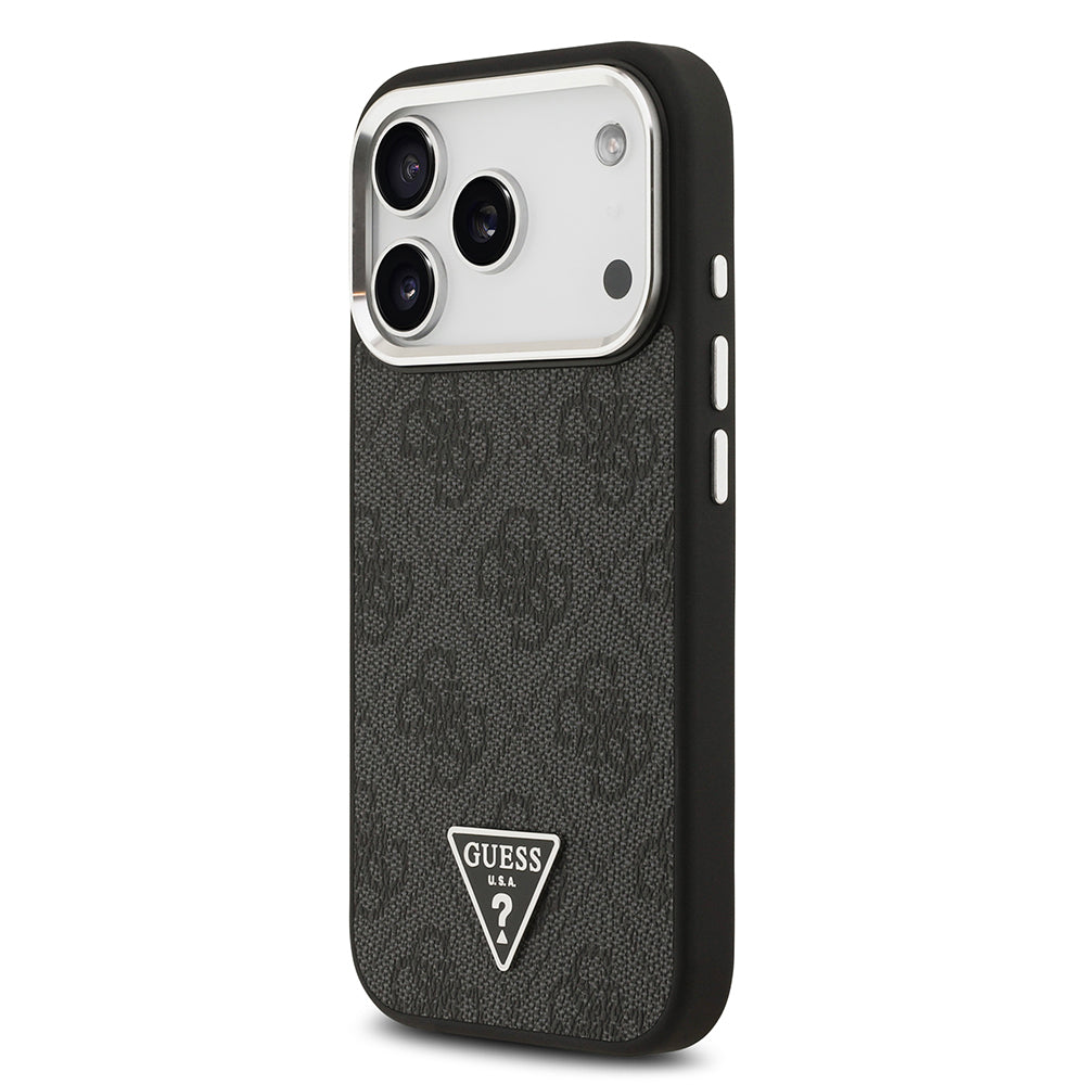 iPhone 17 Pro Kılıf Guess Orjinal Lisanslı M-safe Şarj Özellikli Gümüş Metal Kamera Çerçeveli Üçgen Logo 4G Desenli Kapak
