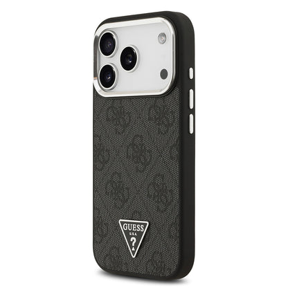 iPhone 17 Pro Kılıf Guess Orjinal Lisanslı M-safe Şarj Özellikli Gümüş Metal Kamera Çerçeveli Üçgen Logo 4G Desenli Kapak