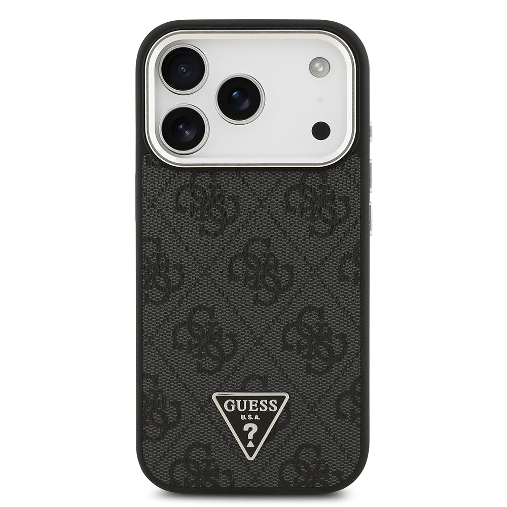 iPhone 17 Pro Kılıf Guess Orjinal Lisanslı M-safe Şarj Özellikli Gümüş Metal Kamera Çerçeveli Üçgen Logo 4G Desenli Kapak