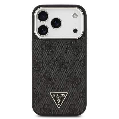 iPhone 17 Pro Kılıf Guess Orjinal Lisanslı M-safe Şarj Özellikli Gümüş Metal Kamera Çerçeveli Üçgen Logo 4G Desenli Kapak