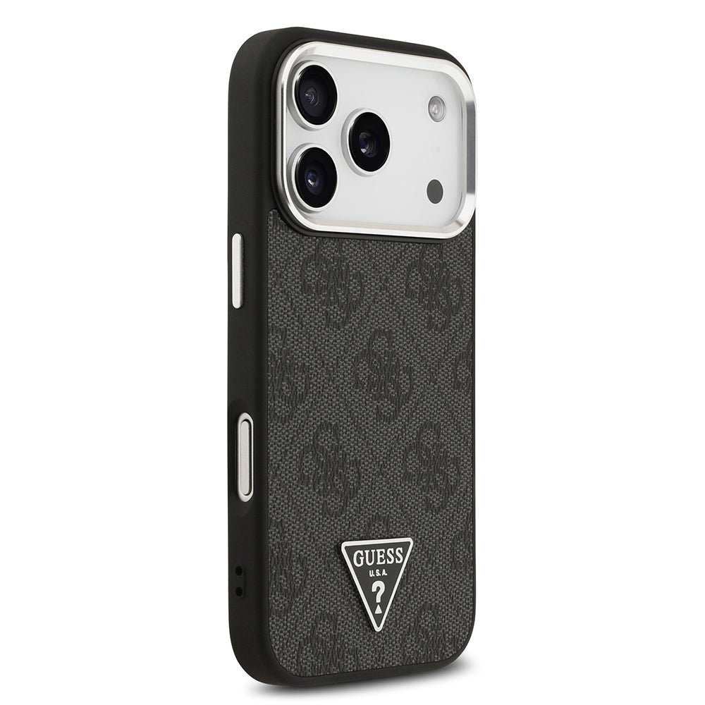 iPhone 17 Pro Kılıf Guess Orjinal Lisanslı M-safe Şarj Özellikli Gümüş Metal Kamera Çerçeveli Üçgen Logo 4G Desenli Kapak