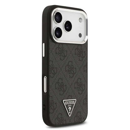 iPhone 17 Pro Kılıf Guess Orjinal Lisanslı M-safe Şarj Özellikli Gümüş Metal Kamera Çerçeveli Üçgen Logo 4G Desenli Kapak