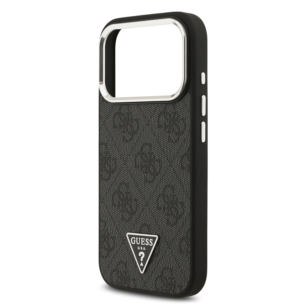 iPhone 17 Pro Kılıf Guess Orjinal Lisanslı M-safe Şarj Özellikli Gümüş Metal Kamera Çerçeveli Üçgen Logo 4G Desenli Kapak