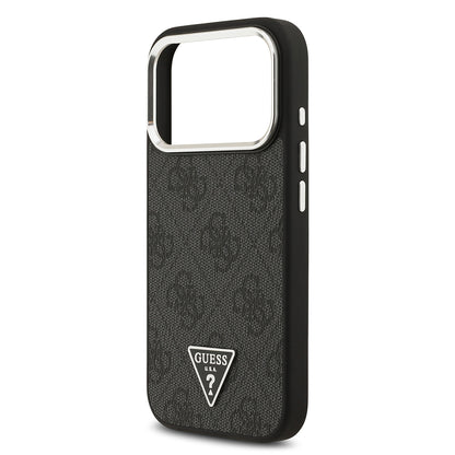 iPhone 17 Pro Kılıf Guess Orjinal Lisanslı M-safe Şarj Özellikli Gümüş Metal Kamera Çerçeveli Üçgen Logo 4G Desenli Kapak