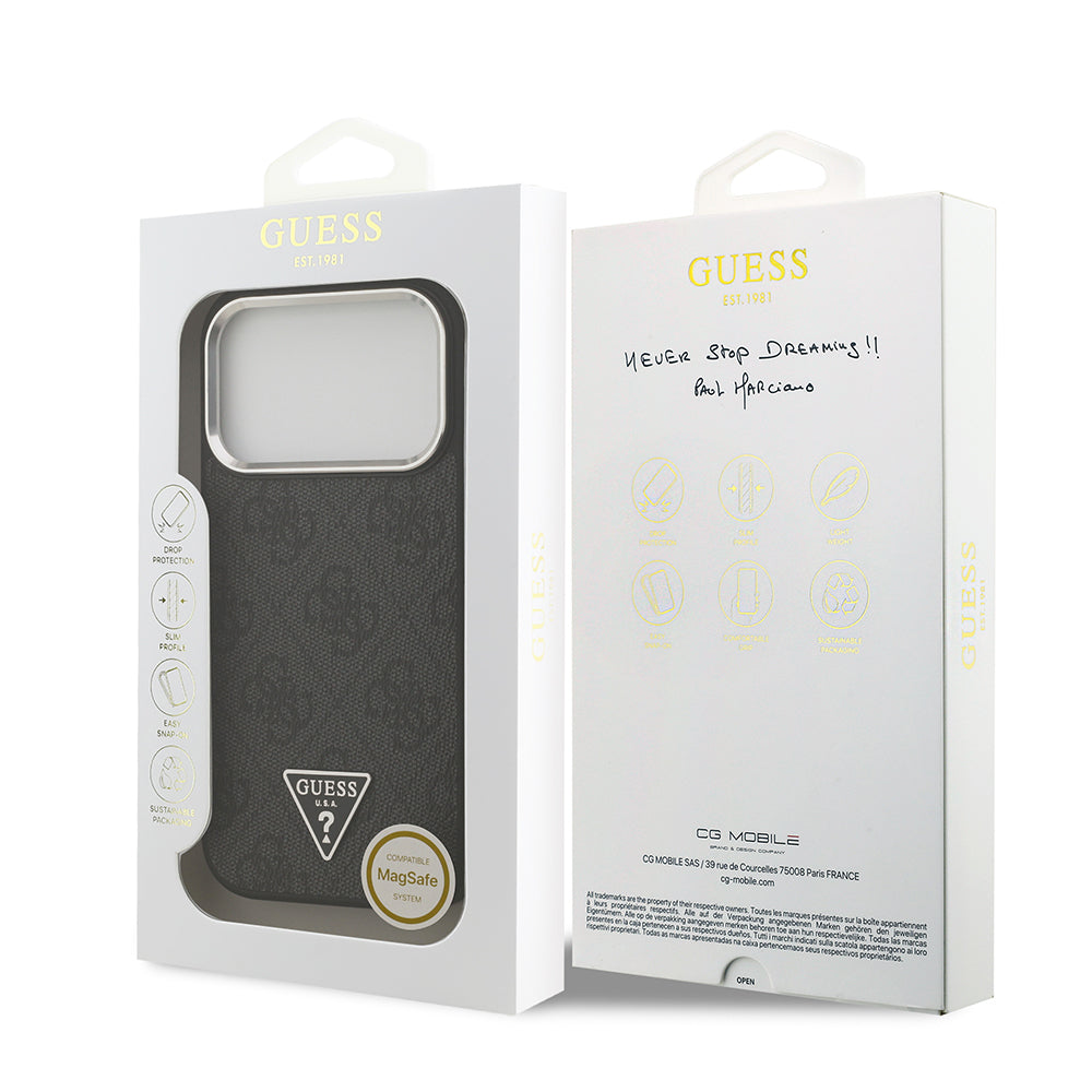 iPhone 17 Pro Kılıf Guess Orjinal Lisanslı M-safe Şarj Özellikli Gümüş Metal Kamera Çerçeveli Üçgen Logo 4G Desenli Kapak