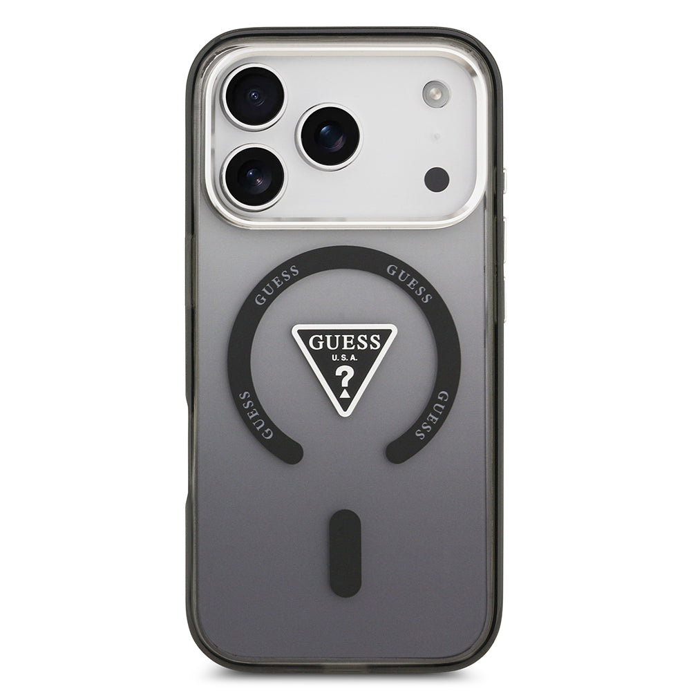 iPhone 17 Pro Kılıf Guess Orjinal Lisanslı M-safe Şarj Özellikli IML Baskılı Üçgen Logolu Metal Kamera Çerçeveli Kapak