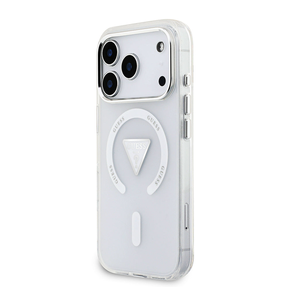 iPhone 17 Pro Kılıf Guess Orjinal Lisanslı M-safe Şarj Özellikli IML Baskılı Üçgen Logolu Metal Kamera Çerçeveli Kapak