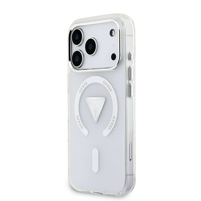 iPhone 17 Pro Kılıf Guess Orjinal Lisanslı M-safe Şarj Özellikli IML Baskılı Üçgen Logolu Metal Kamera Çerçeveli Kapak
