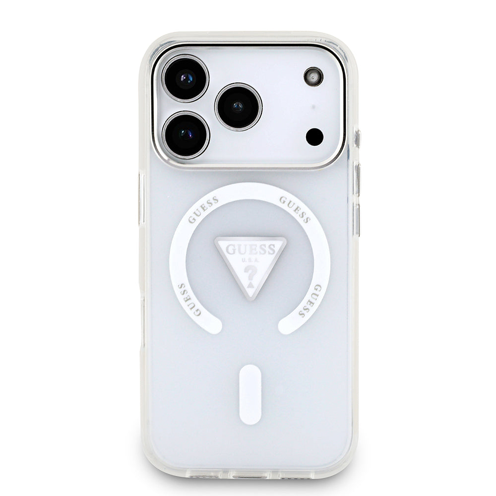 iPhone 17 Pro Kılıf Guess Orjinal Lisanslı M-safe Şarj Özellikli IML Baskılı Üçgen Logolu Metal Kamera Çerçeveli Kapak