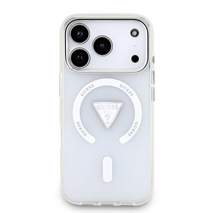 iPhone 17 Pro Kılıf Guess Orjinal Lisanslı M-safe Şarj Özellikli IML Baskılı Üçgen Logolu Metal Kamera Çerçeveli Kapak