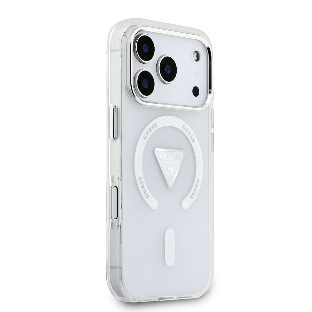 iPhone 17 Pro Kılıf Guess Orjinal Lisanslı M-safe Şarj Özellikli IML Baskılı Üçgen Logolu Metal Kamera Çerçeveli Kapak
