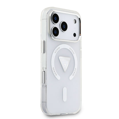iPhone 17 Pro Kılıf Guess Orjinal Lisanslı M-safe Şarj Özellikli IML Baskılı Üçgen Logolu Metal Kamera Çerçeveli Kapak