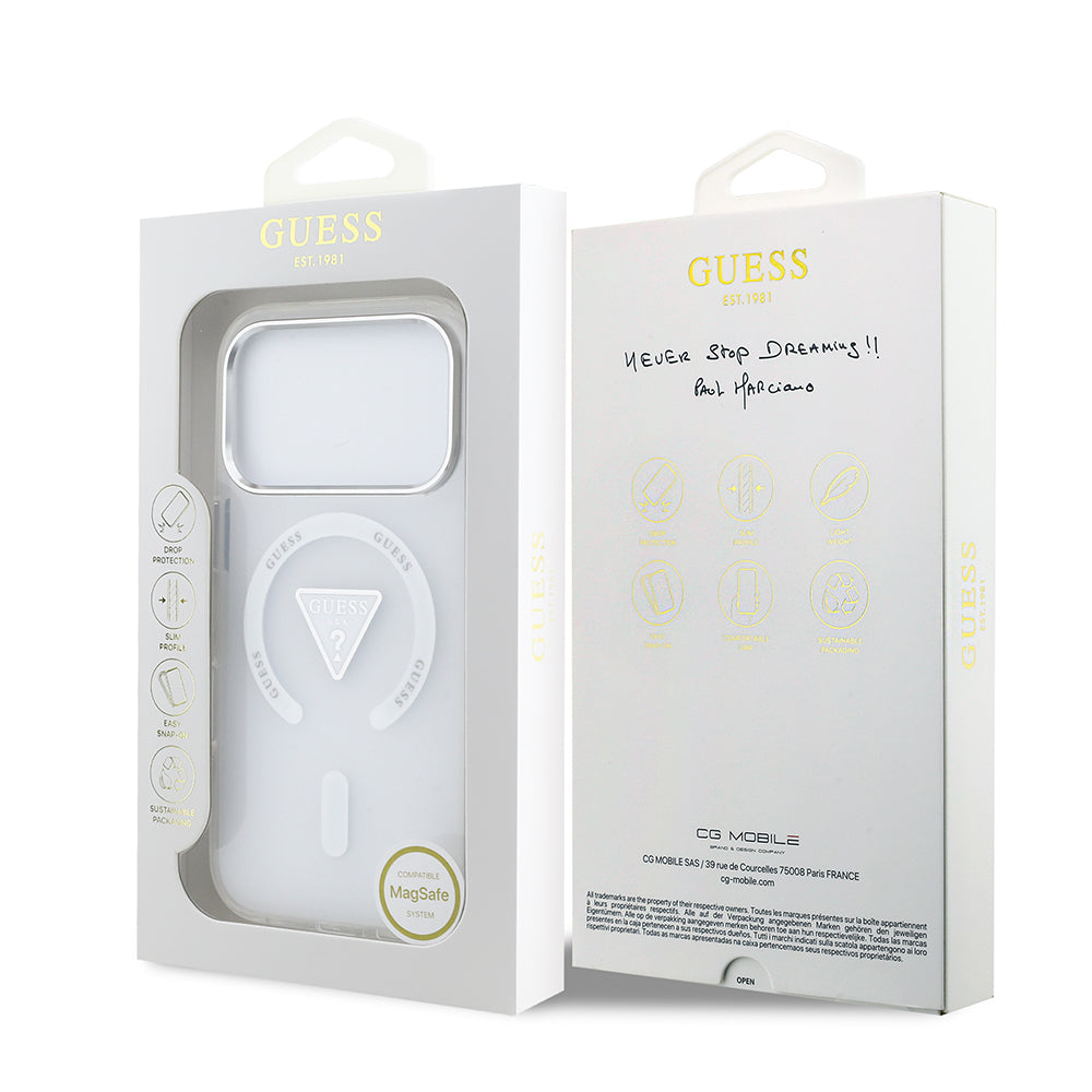 iPhone 17 Pro Kılıf Guess Orjinal Lisanslı M-safe Şarj Özellikli IML Baskılı Üçgen Logolu Metal Kamera Çerçeveli Kapak