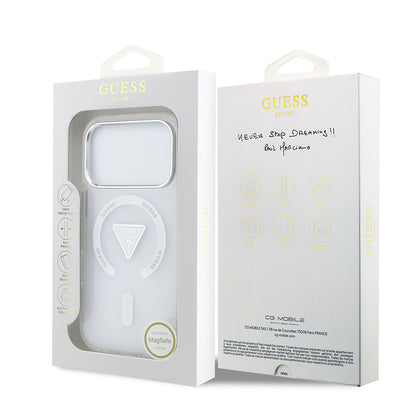 iPhone 17 Pro Kılıf Guess Orjinal Lisanslı M-safe Şarj Özellikli IML Baskılı Üçgen Logolu Metal Kamera Çerçeveli Kapak