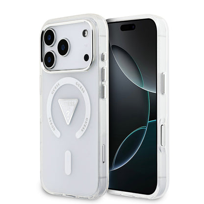 iPhone 17 Pro Kılıf Guess Orjinal Lisanslı M-safe Şarj Özellikli IML Baskılı Üçgen Logolu Metal Kamera Çerçeveli Kapak