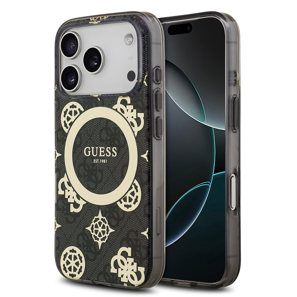 iPhone 17 Pro Kılıf Guess Orjinal Lisanslı M-safe Şarj Özellikli IML Peony ve 4G Desenli Klasik Logolu Kapak