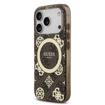 iPhone 17 Pro Kılıf Guess Orjinal Lisanslı M-safe Şarj Özellikli IML Peony ve 4G Desenli Klasik Logolu Kapak