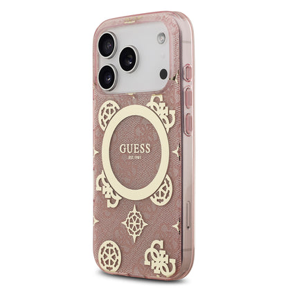 iPhone 17 Pro Kılıf Guess Orjinal Lisanslı M-safe Şarj Özellikli IML Peony ve 4G Desenli Klasik Logolu Kapak