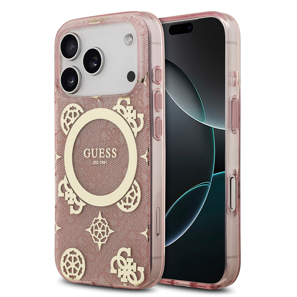 iPhone 17 Pro Kılıf Guess Orjinal Lisanslı M-safe Şarj Özellikli IML Peony ve 4G Desenli Klasik Logolu Kapak
