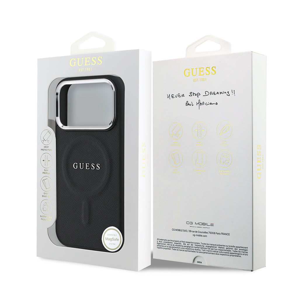iPhone 17 Pro Kılıf Guess Orjinal Lisanslı M-safe Şarj Özellikli Klasik Yazı Logolu PU Deri Kapak