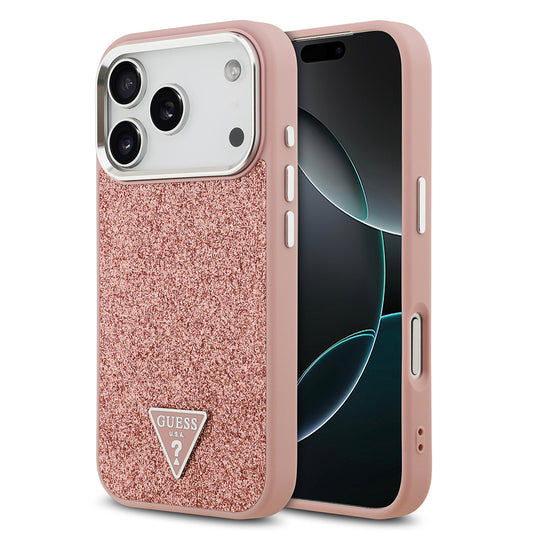 iPhone 17 Pro Kılıf Guess Orjinal Lisanslı M-safe Şarj Özellikli Metal Kamera Çerçeveli Üçgen Logolu Glitter Kapak