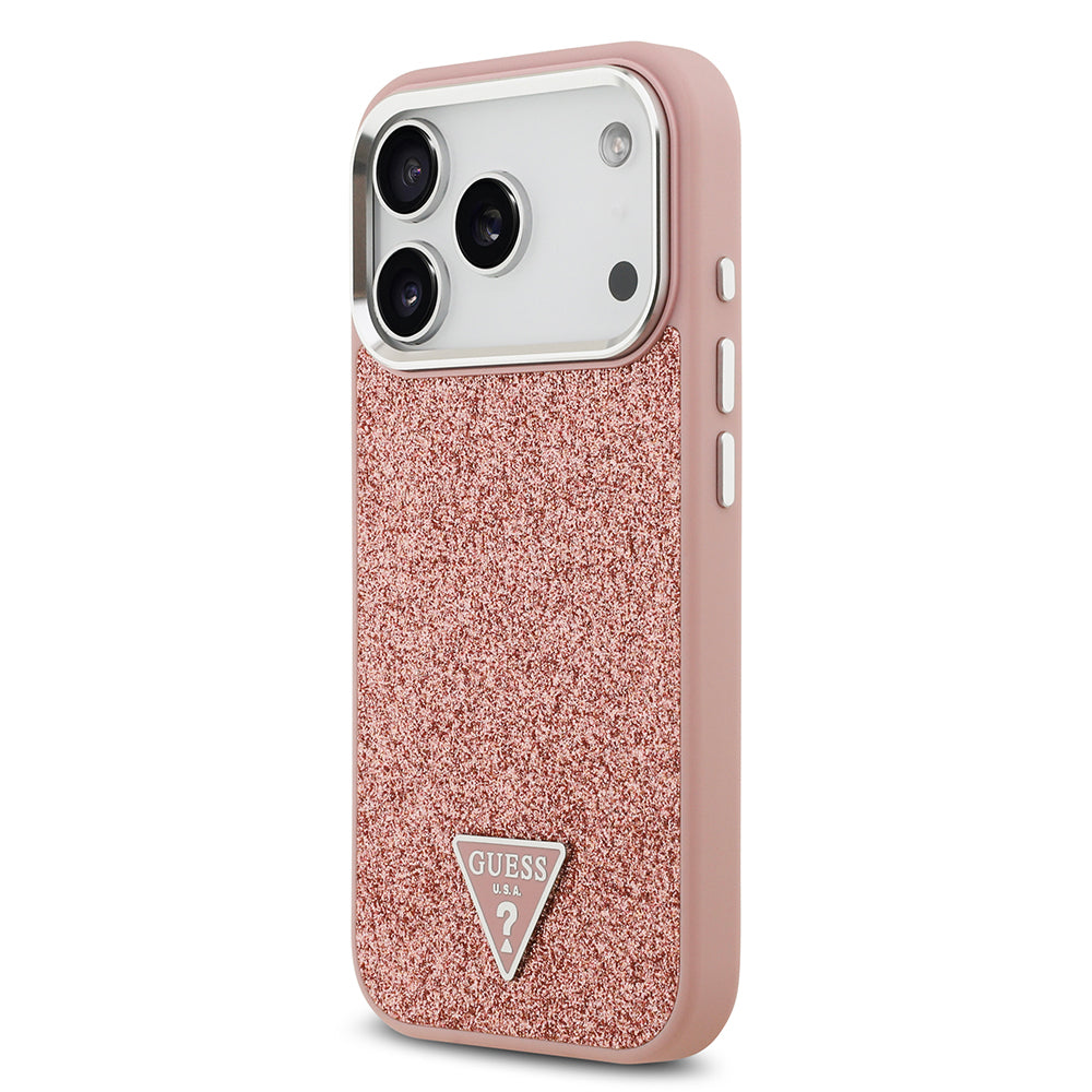 iPhone 17 Pro Kılıf Guess Orjinal Lisanslı M-safe Şarj Özellikli Metal Kamera Çerçeveli Üçgen Logolu Glitter Kapak