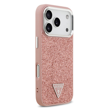 iPhone 17 Pro Kılıf Guess Orjinal Lisanslı M-safe Şarj Özellikli Metal Kamera Çerçeveli Üçgen Logolu Glitter Kapak