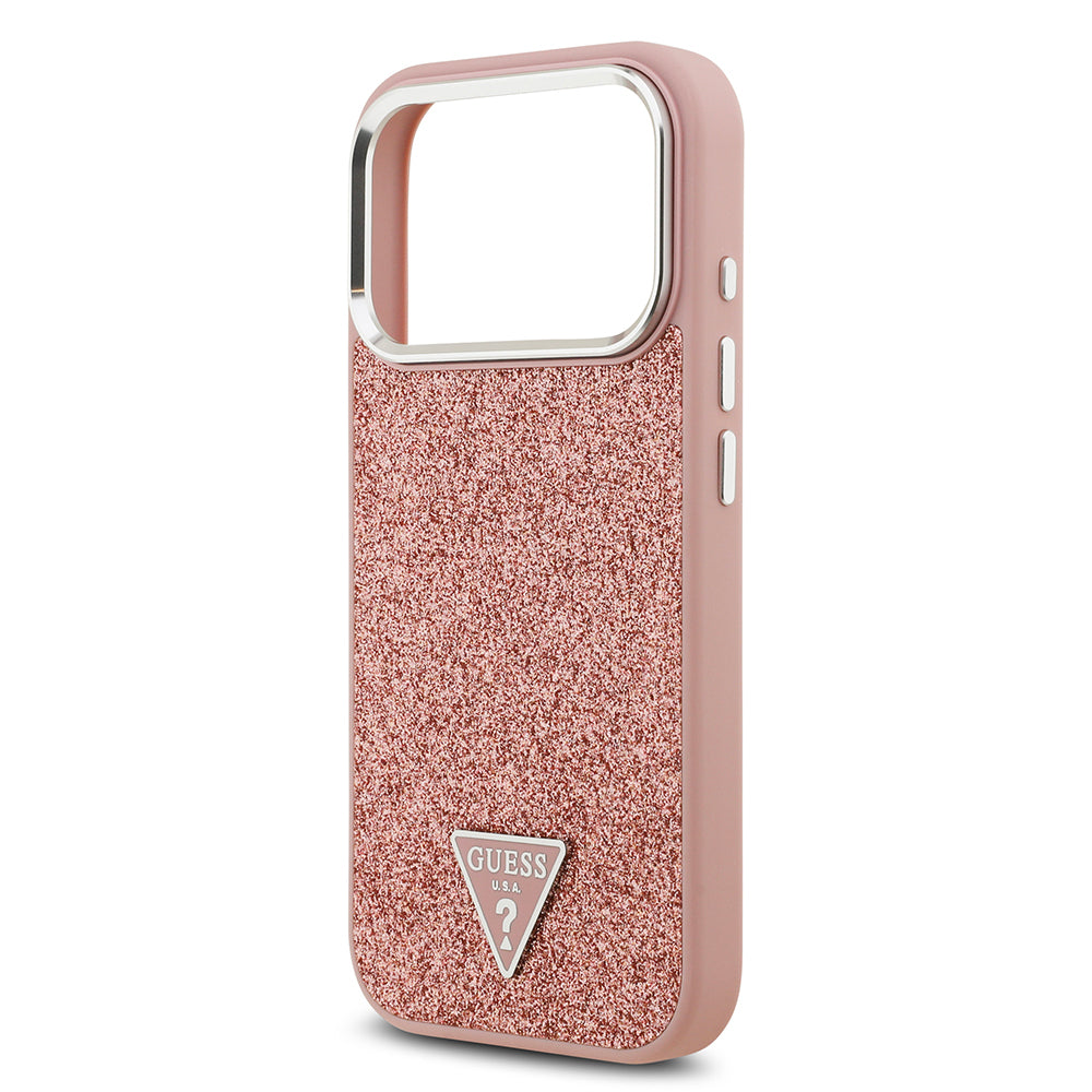 iPhone 17 Pro Kılıf Guess Orjinal Lisanslı M-safe Şarj Özellikli Metal Kamera Çerçeveli Üçgen Logolu Glitter Kapak