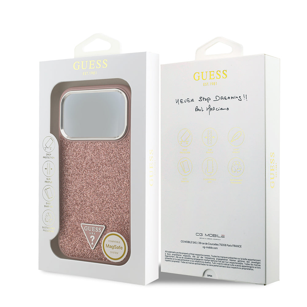 iPhone 17 Pro Kılıf Guess Orjinal Lisanslı M-safe Şarj Özellikli Metal Kamera Çerçeveli Üçgen Logolu Glitter Kapak