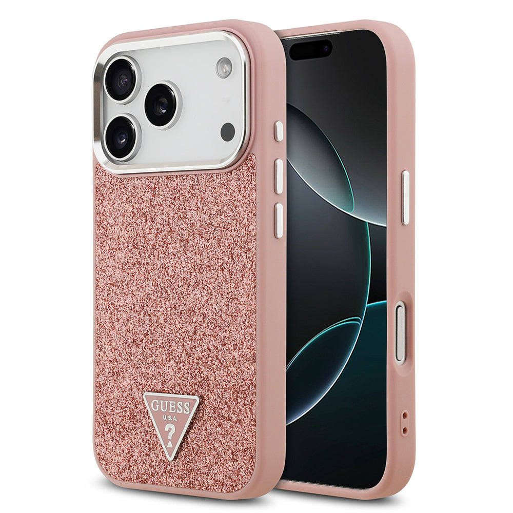 iPhone 17 Pro Kılıf Guess Orjinal Lisanslı M-safe Şarj Özellikli Metal Kamera Çerçeveli Üçgen Logolu Glitter Kapak