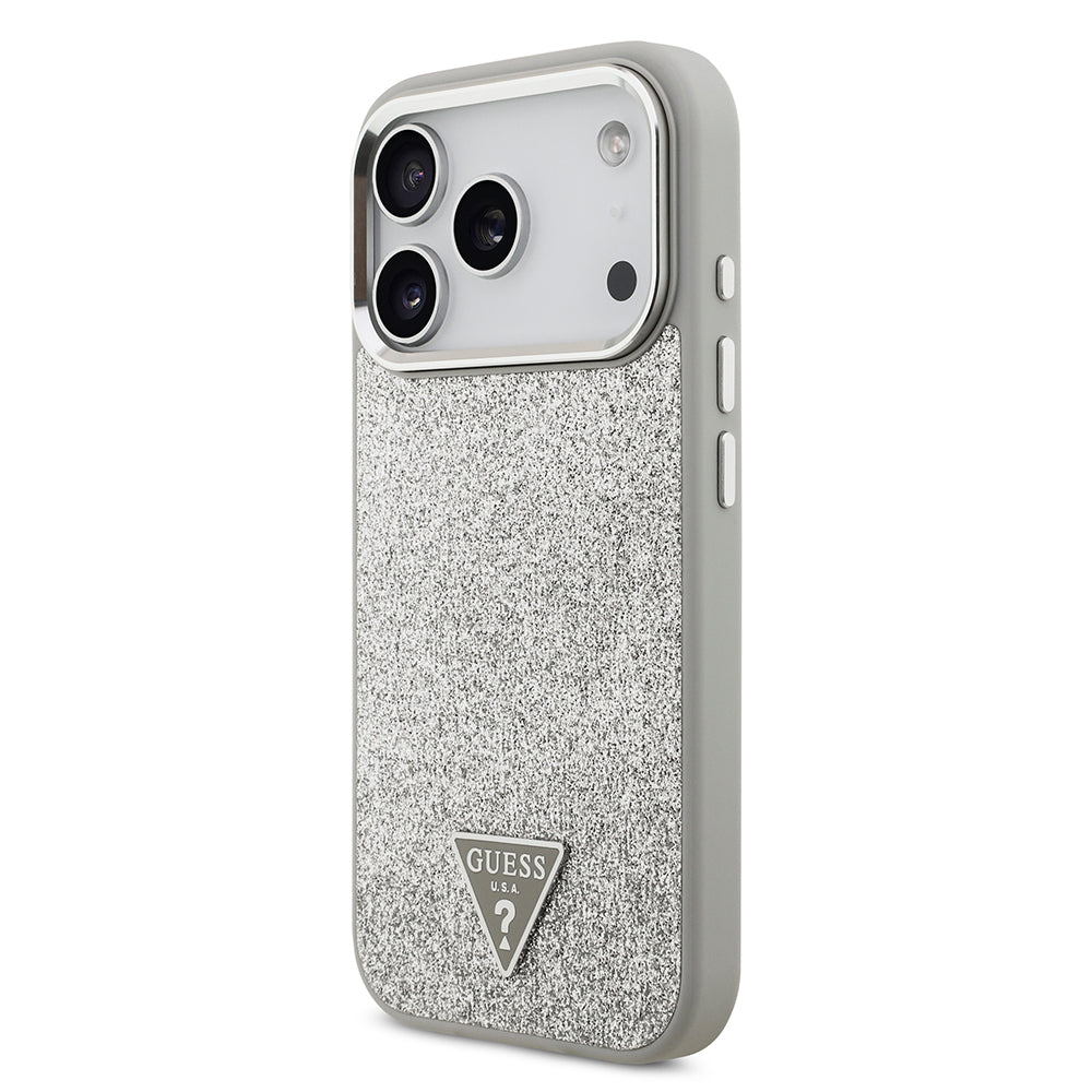 iPhone 17 Pro Kılıf Guess Orjinal Lisanslı M-safe Şarj Özellikli Metal Kamera Çerçeveli Üçgen Logolu Glitter Kapak