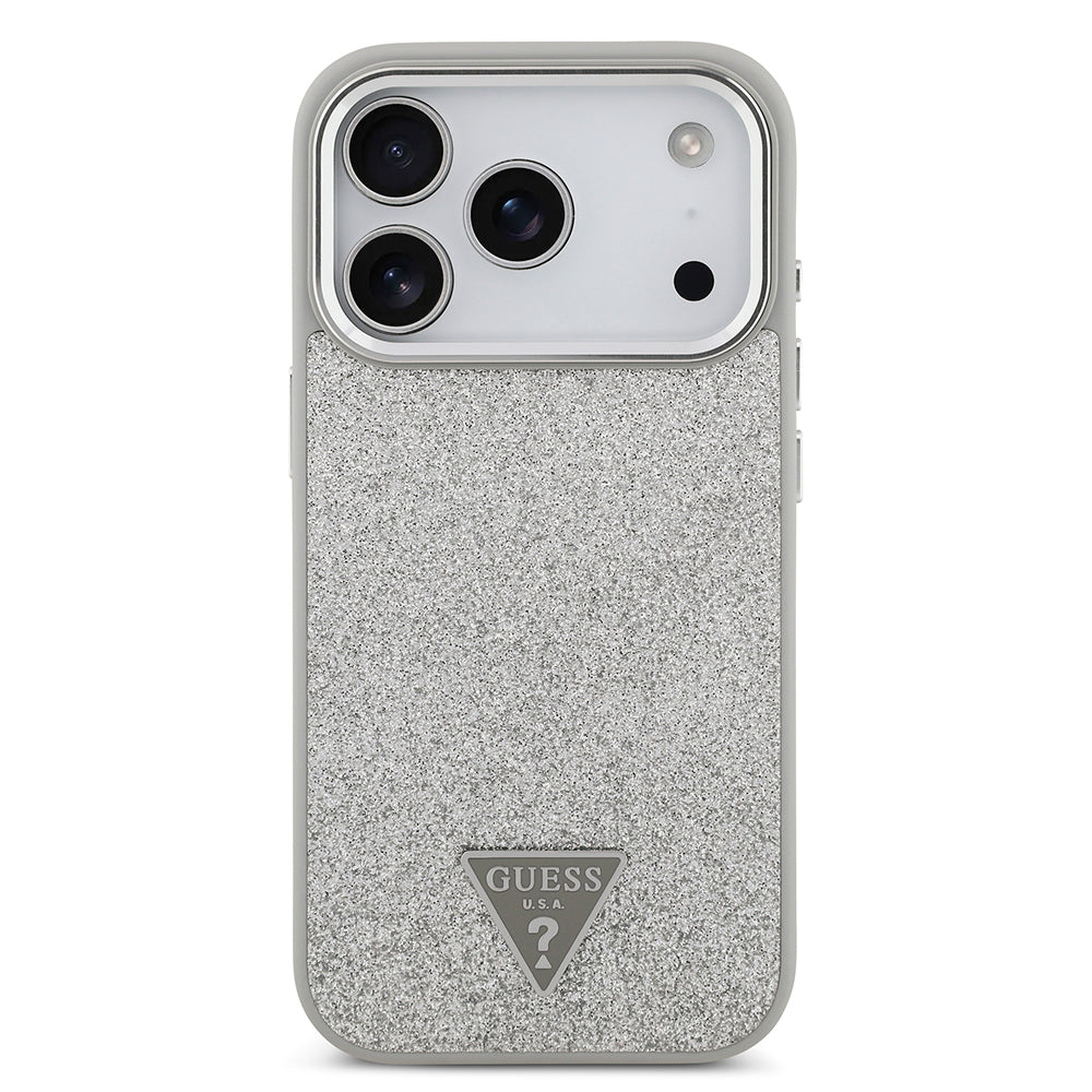 iPhone 17 Pro Kılıf Guess Orjinal Lisanslı M-safe Şarj Özellikli Metal Kamera Çerçeveli Üçgen Logolu Glitter Kapak