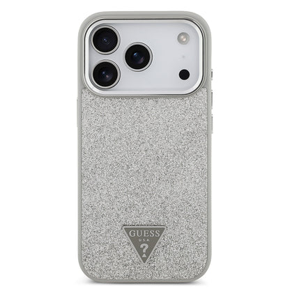 iPhone 17 Pro Kılıf Guess Orjinal Lisanslı M-safe Şarj Özellikli Metal Kamera Çerçeveli Üçgen Logolu Glitter Kapak