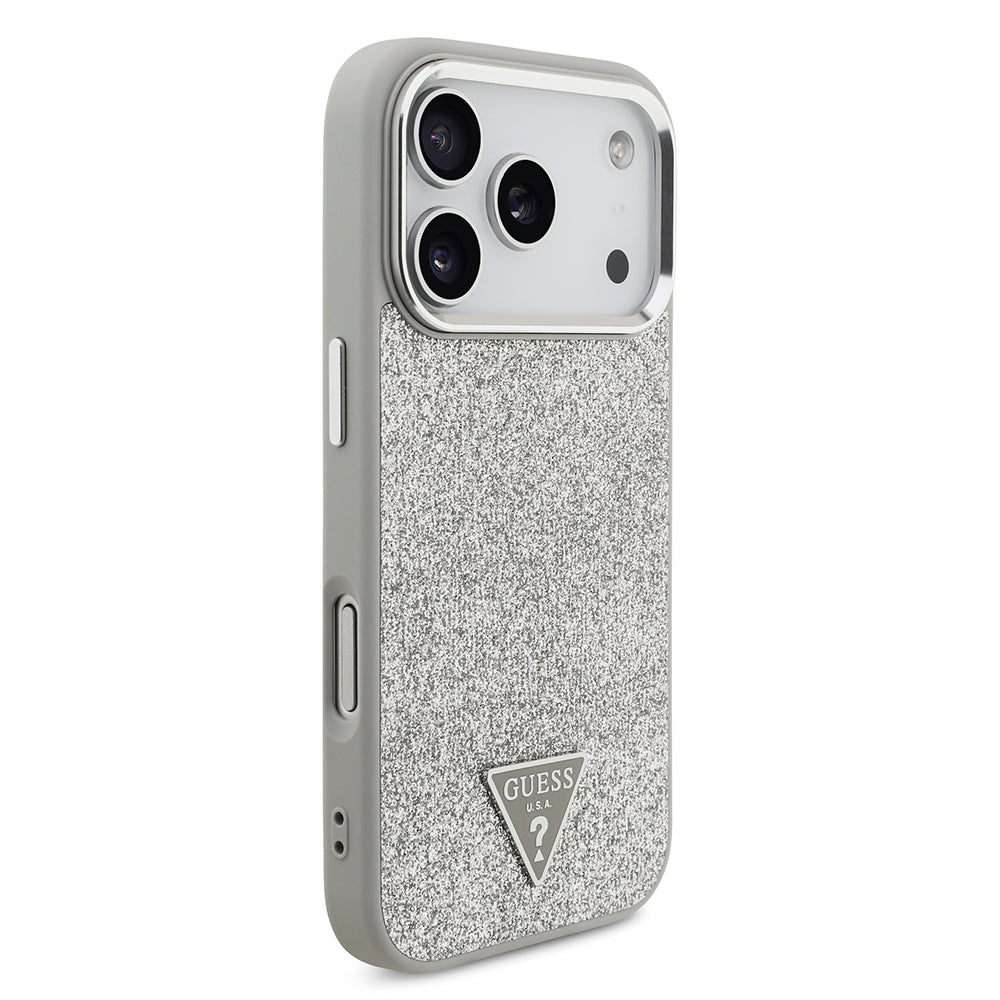 iPhone 17 Pro Kılıf Guess Orjinal Lisanslı M-safe Şarj Özellikli Metal Kamera Çerçeveli Üçgen Logolu Glitter Kapak